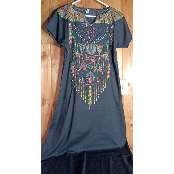 VTG Egyptian Kaftan Womens Small Embellished Gold Design with Sequins and Beads - Picture 1 of 8